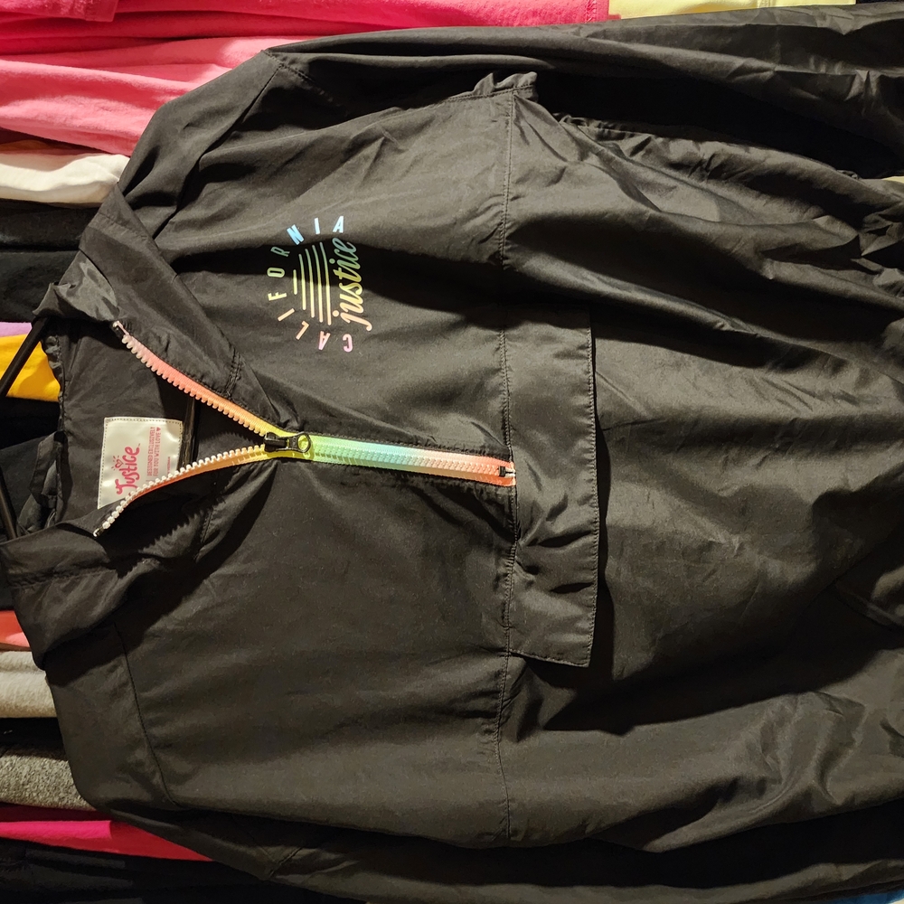 Justice Black Windbreaker with Rainbow Zipper